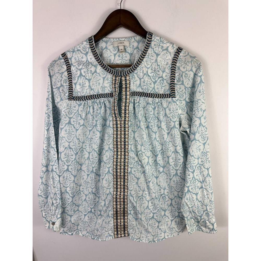 J.Crew Split Neck Peasant Top Womens 6 Blue Geometric Embroidered Long Sleeve